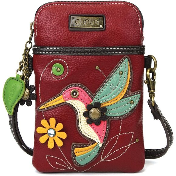 Women Cell Phone Crossbody Purse Faux Leather Canvas Burgundy Hummingbird